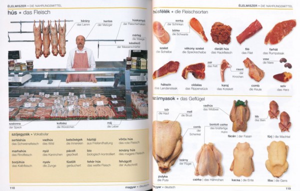 Visuelles Wörterbuch Ungarisch, Seiten 118-119 Fleisch und die Fleischsorten